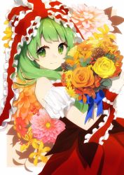 Rule 34 | 1girl, bare shoulders, blue ribbon, blunt bangs, bouquet, bow, closed mouth, commentary request, cowboy shot, detached sleeves, dress, flower, flower request, frilled bow, frilled sleeves, frills, from side, green eyes, green hair, hair bow, highres, holding, holding bouquet, kagiyama hina, leaf, long hair, looking at viewer, looking to the side, nomu (29 nom), orange flower, orange rose, pinecone, pink flower, red bow, red dress, ribbon, rose, short sleeves, smile, solo, touhou, yellow flower, yellow rose