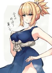 Rule 34 | 1girl, blonde hair, blue dress, blue eyes, blush, breasts, commentary request, dr. stone, dress, gmbird 511, green eyes, hand on own hip, highres, kohaku (dr. stone), parted lips, ponytail, solo, sweat, thighs, translated, white background