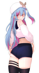 Rule 34 | 1girl, absurdres, ass, bare shoulders, black shirt, black thighhighs, blue hair, blue shorts, colored inner hair, dungeon and fighter, from behind, hat, highres, long hair, long sleeves, looking at viewer, midriff, multicolored hair, nayak, off-shoulder shirt, off shoulder, one side up, pantylines, pink hair, red eyes, shirt, short shorts, shorts, simple background, skindentation, solo, streaked hair, sweatdrop, thigh strap, thighhighs, torn clothes, torn shirt, very long hair, white background, white hat, white shirt