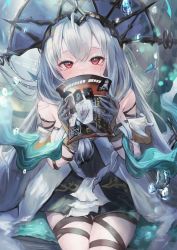 Rule 34 | 1girl, aqua ribbon, arknights, black dress, black ribbon, blush, bubble, commentary, covered mouth, covering own mouth, cowboy shot, dress, gloves, grey gloves, grey hair, grey headwear, hair between eyes, hands up, highres, holding, leg ribbon, long hair, looking at viewer, off-shoulder dress, off shoulder, official alternate costume, phoenix crown, red eyes, ribbon, sitting, skadi (arknights), skadi the corrupting heart (arknights), skadi the corrupting heart (sublimation) (arknights), slime empire, solo, two-tone dress, very long hair, white dress
