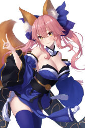 Rule 34 | 1girl, absurdres, animal ear fluff, animal ears, bare shoulders, black sash, blue kimono, blue ribbon, blue sleeves, blue thighhighs, blush, breasts, cleavage, closed mouth, collar, commentary request, detached collar, detached sleeves, fate/extra, fate (series), fingernails, fox ears, fox girl, fox shadow puppet, fox tail, hair between eyes, hair ribbon, head tilt, highres, japanese clothes, kimono, large breasts, long hair, long sleeves, looking at viewer, nose, pink eyes, ribbon, sash, simple background, smile, solo, standing, tail, tamamo (fate), tamamo no mae (fate/extra), tansui san (tcjp4784), tassel, thighhighs, white background, white collar, white tassel, wide sleeves, yellow eyes