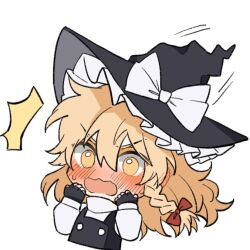 Rule 34 | 1girl, ^^^, black gloves, black hat, black vest, blonde hair, blush, bow, braid, chibi, cropped torso, embarrassed, fingerless gloves, gloves, hair bow, hands up, hat, hat bow, hitte5416, kirisame marisa, long hair, long sleeves, open mouth, red bow, shirt, simple background, single braid, solo, touhou, upper body, vest, wavy mouth, white background, white bow, white shirt, witch hat, yellow eyes