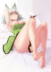 Rule 34 | 1girl, animal ears, arknights, arm up, armpits, ass, barefoot, breasts, cat ears, cleavage, dress, feet, foot focus, foreshortening, green dress, green eyes, green hair, green nails, highres, holding, holding syringe, kal&#039;tsit (arknights), large breasts, looking at viewer, lying, medium hair, nail polish, off-shoulder dress, off shoulder, on back, soles, solo, syringe, toes, yamauchi (conan-comy)