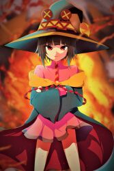 Rule 34 | 1girl, absurdres, black cloak, black hat, blunt bangs, blurry, blurry background, breasts, brown hair, cloak, closed mouth, cowboy shot, crossed arms, depth of field, diagonal-striped clothes, diagonal-striped necktie, dress, explosion, film grain, floating clothes, hat, highres, kono subarashii sekai ni bakuen wo!, kono subarashii sekai ni shukufuku wo!, long sleeves, looking at viewer, megumin, necktie, off shoulder, orange necktie, pink dress, red cloak, red eyes, red necktie, red prison magic school uniform, school uniform, short dress, short hair, small breasts, smile, smug, solo, standing, striped clothes, two-tone cloak, two-tone necktie, wide sleeves, wind, wind lift, witch hat, yuzukosyo43