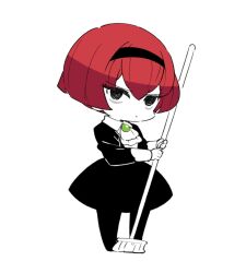 Rule 34 | 1girl, android, black dress, black eyes, bob cut, chibi, closed mouth, dress, full body, hairband, highres, looking at viewer, mota, pale skin, pantyhose, r dorothy wayneright, red hair, short hair, simple background, solo, the big o, white background