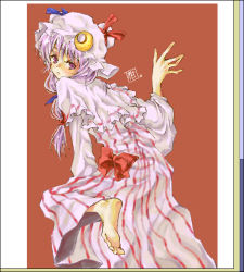 Rule 34 | 1girl, barefoot, blue ribbon, blush, capelet, crescent, crescent hair ornament, dress, female focus, from behind, hair ornament, hair ribbon, hat, hat ribbon, honokan, long hair, long sleeves, looking at viewer, looking to the side, mob cap, patchouli knowledge, purple eyes, purple hair, red ribbon, ribbon, solo, striped clothes, striped dress, touhou, tress ribbon, vertical stripes
