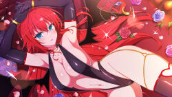 Rule 34 | 1girl, ahoge, armpits, bare shoulders, bed, black gloves, black thighhighs, blue flower, blue rose, blush, bracelet, breasts, candle, candlelight, chain, chain necklace, cleavage, come hither, demon girl, demon wings, elbow gloves, fire, fire, flower, gem, gloves, gold chain, groin, hair between eyes, high school dxd, high school dxd hero, highres, jewelry, large breasts, leaf, linea alba, long hair, looking at viewer, lying, navel, necklace, on back, on bed, on side, parted lips, petals, pillow, purple flower, purple gemstone, purple rose, red flower, red hair, red rose, rias gremory, rose, senran kagura, senran kagura new link, slingshot swimsuit, smile, solo, swimsuit, thighhighs, wings