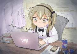 Rule 34 | 1girl, absurdres, bags under eyes, bed, bedroom, black bow, black bowtie, black ribbon, black skirt, book, bow, bowtie, brown eyes, can, casual, cellphone, chair, closed mouth, collared shirt, commentary, computer, curtains, desk, drink can, frown, girls und panzer, hair ribbon, high-waist skirt, highres, indoors, laptop, light brown hair, long hair, long sleeves, motion blur, namakurage, paper, phone, red bull, ribbon, shimada arisu, shirt, side ponytail, sitting, skirt, sleepy, smartphone, soda can, solo, suspender skirt, suspenders, typing, white shirt