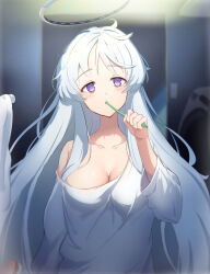 Rule 34 | 1girl, blue archive, blush, breasts, cleavage, grey hair, halo, highres, holding, holding toothbrush, indoors, large breasts, long hair, long sleeves, mechanical halo, messy hair, morishin546, noa (blue archive), open mouth, purple eyes, shirt, solo, toothbrush, upper body, very long hair, washing machine, white shirt