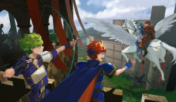 Rule 34 | alen (fire emblem), blue cape, blue shirt, bow (weapon), brick wall, cape, castle, cloud, cloudy sky, fire emblem, fire emblem: the binding blade, headband, lance (fire emblem), nintendo, noki (affabile), pegasus, red hair, roy (fire emblem), shanna (fire emblem), shirt, shoulder pads, sky, weapon, wolt (fire emblem)