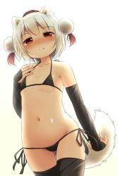 Rule 34 | 1girl, aged down, animal ears, backlighting, bikini, black bikini, black gloves, black thighhighs, blush, breasts, closed mouth, collarbone, cowboy shot, gloves, gluteal fold, gradient background, hat, highres, inubashiri momiji, looking at viewer, micro bikini, navel, pom pom (clothes), red eyes, short hair, side-tie bikini bottom, small breasts, smile, solo, standing, swimsuit, tail, thighhighs, tokin hat, touhou, white hair, wolf ears, wolf tail, yudepii