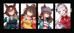 Rule 34 | 4girls, ake (akegataakeo), animal ears, black gloves, blue eyes, blue jacket, blush, bow, breasts, brown hair, brown headwear, buttons, commentary request, double-breasted, dress, ear bow, ear ornament, el condor pasa (umamusume), fingerless gloves, gloves, gold ship (umamusume), green jacket, grey shirt, grin, hair between eyes, highres, horse ears, horse girl, jacket, large breasts, long hair, long sleeves, looking at viewer, multicolored hair, multiple girls, nakayama festa (umamusume), one eye closed, pillbox hat, pointing, pointing at viewer, ponytail, purple bow, purple eyes, red jacket, shirt, sirius symboli (umamusume), sleeveless, sleeveless dress, smile, streaked hair, teeth, umamusume, white gloves, white hair, yellow shirt