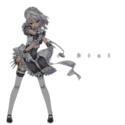 Rule 34 | 1girl, between fingers, blue eyes, blush, bow, braid, crossed arms, embellished costume, english text, female focus, frills, garter straps, glowing, hair bow, highres, holding, izayoi sakuya, knife, lace, maid, maid headdress, pocket watch, short hair, silver hair, simple background, solo, standing, thigh strap, thighhighs, throwing knife, touhou, twin braids, watch, weapon, white background, white thighhighs, wrist cuffs, yuuzii