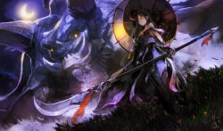 Rule 34 | 1girl, bare shoulders, black hair, breasts, crescent moon, dress, dutch angle, gloves, highres, holding, holding weapon, long hair, looking at viewer, medium breasts, monster, moon, night, okuto, original, parasol, signature, solo, standing, strapless, strapless dress, umbrella, weapon, yellow eyes