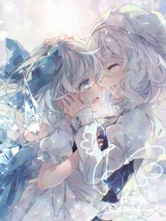 2girls ^_^ back_cutout blue_bow blue_eyes blue_vest blush bow cirno closed_eyes clothing_cutout commentary crying crying_with_eyes_open from_side greyscale grin hair_bow hand_on_another&#039;s_cheek hand_on_another&#039;s_face hand_on_another&#039;s_head hat ice ice_wings juliet_sleeves letty_whiterock long_sleeves looking_at_another monochrome multiple_girls puffy_short_sleeves puffy_sleeves shirt short_hair short_sleeves signature smile symbol-only_commentary tears touhou toutenkou twitter_username upper_body vest watermark white_hat white_shirt wings