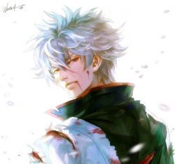Rule 34 | 1boy, blood, blood from mouth, blood on clothes, from behind, gintama, japanese clothes, kim yura (goddess mechanic), light, looking back, male focus, motion blur, red hair, sakata gintoki, signature, silver hair, solo, torn clothes, upper body