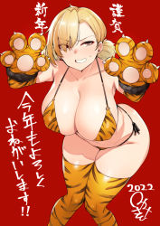 Rule 34 | 1girl, 2022, animal hands, animal print, bikini, blonde hair, chinese zodiac, claw pose, dated, gloves, grin, hands up, low twintails, original, paw gloves, red background, red eyes, side-tie bikini bottom, simple background, smile, solo, standing, swimsuit, thighhighs, tiger print, translation request, twintails, wakamesan, year of the tiger, yellow bikini, yellow thighhighs