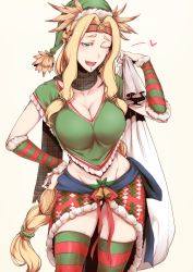 Rule 34 | 1girl, ;d, bell, blonde hair, braid, breasts, christmas, cleavage, collarbone, colored eyelashes, earrings, fate/grand order, fate (series), hand on own hip, hat, heart, highres, jewelry, large breasts, long hair, looking at viewer, midriff, nakamura regura, one eye closed, open mouth, quetzalcoatl (fate), sack, scarf, simple background, smile, solo, standing, striped clothes, striped thighhighs, thighhighs, very long hair, white background