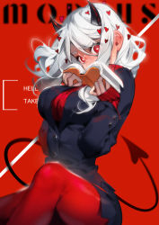 Rule 34 | 1girl, black horns, black skirt, black suit, blush, book, breasts, demon girl, demon horns, demon tail, ear blush, formal, full-face blush, heart, heart-shaped pupils, helltaker, highres, holding, holding book, horns, large breasts, long sleeves, looking at viewer, medium hair, modeus (helltaker), nose blush, open book, pantyhose, pencil skirt, red background, red eyes, red pantyhose, red sweater, ribbed sweater, shirt, simple background, skirt, sleeves past wrists, solo, suit, sweat, sweater, nervous sweating, symbol-shaped pupils, tail, tefco chu, turtleneck, turtleneck sweater, white hair