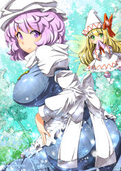 Rule 34 | 2girls, apron, ass, blonde hair, blue dress, bow, breasts, commentary request, dress, fairy wings, gloves, green eyes, hat, hat bow, juliet sleeves, large breasts, letty whiterock, lily white, long hair, long sleeves, mini person, minigirl, multiple girls, pink gloves, puffy sleeves, purple eyes, purple hair, smile, touhou, umigarasu (kitsune1963), very long hair, waist apron, white dress, wide sleeves, wings