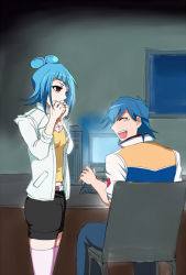 Rule 34 | 1boy, 1girl, :d, ^ ^, belt, black shorts, blue hair, blue pants, blush, breasts, bruno, bruno (yu-gi-oh!), chair, clenched hands, closed eyes, computer, hand up, hands together, hands up, happy, heart, indoors, jacket, jewelry, computer keyboard, laughing, long sleeves, looking at another, misaki (yu-gi-oh!), necklace, night, open mouth, pants, pink thighhighs, red eyes, round teeth, short hair, short sleeves, shorts, sitting, small breasts, smile, standing, teeth, thighhighs, upper body, white jacket, window, world championship 2011, yu-gi-oh!, yu-gi-oh! 5d&#039;s