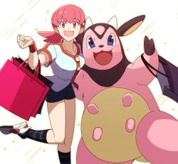Rule 34 | 1girl, :d, bag, buttons, collarbone, commentary request, creatures (company), eyelashes, game freak, gen 2 pokemon, gym leader, hand up, highres, leg up, long hair, looking at viewer, miltank, morio (poke orio), nintendo, open mouth, pink bag, pink eyes, pink hair, pokemon, pokemon (creature), pokemon hgss, shoes, short sleeves, shorts, smile, socks, striped clothes, striped legwear, striped socks, twintails, white footwear, whitney (pokemon), wristband