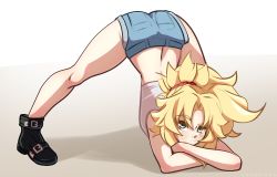 Rule 34 | 1girl, :/, arm rest, ass, back, black footwear, blonde hair, blush, cerbross (artist), crop top, fate/grand order, fate (series), flexible, full body, gradient background, green eyes, jack-o&#039; challenge, long hair, looking at viewer, meme, mordred (fate), mordred (fate/apocrypha), mordred (memories at trifas) (fate), shoes, short shorts, shorts, simple background, solo, spread legs, top-down bottom-up