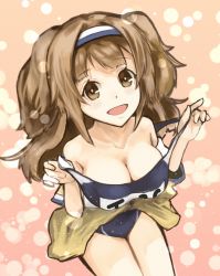 Rule 34 | 10s, 1girl, ashiya hiro, breasts, brown eyes, cleavage, clothes pull, clothes writing, hairband, highres, i-26 (kancolle), kantai collection, large breasts, light brown hair, long hair, looking at viewer, name tag, new school swimsuit, one-piece swimsuit, one-piece swimsuit pull, open clothes, pink background, sailor collar, school swimsuit, short sleeves, smile, solo, swimsuit, two-tone hairband, two side up