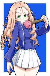 Rule 34 | 1girl, aono3, bc freedom military uniform, blonde hair, blue background, blue jacket, blue vest, closed mouth, commentary, dress shirt, drill hair, fan to mouth, folding fan, girls und panzer, green eyes, hand fan, high collar, highres, holding, holding fan, jacket, long hair, long sleeves, looking at viewer, marie (girls und panzer), military, military uniform, miniskirt, outside border, pleated skirt, shirt, skirt, smile, solo, standing, uniform, vest, white shirt, white skirt