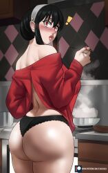 Rule 34 | !, 1girl, absurdres, ass, bare shoulders, black hair, black panties, blush, chopsticks, commentary, cowboy shot, echo saber, english commentary, frying pan, grey hairband, hair between eyes, hairband, highres, holding, holding chopsticks, indoors, long hair, long sleeves, looking at viewer, nose blush, off-shoulder sweater, off shoulder, panties, red eyes, red sweater, solo, spy x family, standing, sweater, underwear, yor briar