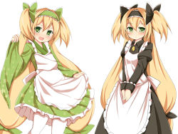 Rule 34 | apron, blazblue, blonde hair, blush, dual persona, fang, godharo1, green eyes, hairband, highres, long hair, maid, maid apron, open mouth, pantyhose, platinum the trinity, quad tails, ribbon, simple background, smile, very long hair