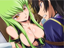 Rule 34 | 1boy, 1girl, aquamu, assertive female, bdsm, blush, bondage, bound, breasts, c.c., censored, cleavage, clenched teeth, code geass, cowgirl position, erection, femdom, girl on top, green hair, hetero, large breasts, lelouch vi britannia, mosaic censoring, naughty face, nipples, open clothes, open shirt, penis, precum, rape, rope, sex, shirt, smile, straddling, sweat, teeth, thighhighs, vaginal, white thighhighs, yamagarasu, yellow eyes