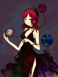 Rule 34 | 1girl, alternate costume, bad id, bad pixiv id, bare shoulders, beikeice, breasts, choker, cleavage, dress, earrings, earth (ornament), formal, hecatia lapislazuli, jewelry, medium breasts, moon (ornament), red eyes, red hair, side slit, simple background, solo, touhou