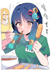 Rule 34 | 1boy, 1girl, absurdres, blonde hair, blue hair, commentary request, eating, food, gradient hair, green shirt, hair between eyes, hair ornament, highres, himiya jouzu, holding, holding food, long hair, looking at another, medium hair, monster strike, multicolored hair, noodles, red eyes, shirt, short sleeves, simple background, t-shirt, thought bubble, translation request, white background, yakisoba, yakumo (monster strike), yellow eyes