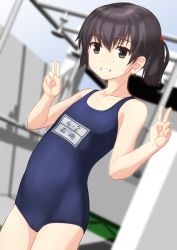 Rule 34 | 1girl, absurdres, bad id, bad pixiv id, black hair, blue one-piece swimsuit, blurry, brown eyes, character name, cowboy shot, day, depth of field, double v, dutch angle, flat chest, from side, grin, hair between eyes, highres, long hair, looking at viewer, name tag, new school swimsuit, one-piece swimsuit, original, outdoors, school swimsuit, shower (place), shower head, smile, solo, swimsuit, takafumi, twintails, v