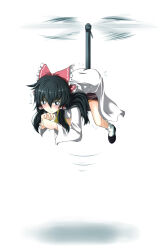 1girl ascot black_eyes black_hair black_shoes blush bow bright_pupils closed_mouth comedic_object_insertion commentary_request cookie_(touhou) flying frilled_hair_tubes frills full_body hair_between_eyes hair_bow hair_tubes hakurei_reimu highres lab_coat long_bangs long_hair looking_at_viewer object_insertion propeller red_bow sakuna_brownie shinonome_(cookie) shoes sidelocks simple_background smile socks solo touhou white_background white_pupils white_socks yellow_ascot