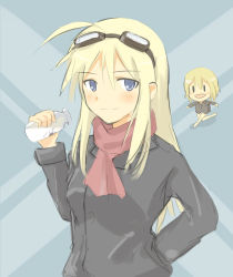 Rule 34 | 2girls, ahoge, bad id, bad pixiv id, blonde hair, blue background, blue eyes, chibi, erica hartmann, goggles, goggles on head, hanna-justina marseille, jacket, long hair, milk, multiple girls, running, ruriho, scarf, short hair, simple background, strike witches, world witches series