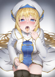 Rule 34 | 10s, 1girl, bad id, bad pixiv id, blonde hair, blue eyes, blush, breasts, cheese, crying, crying with eyes open, dantes ward, dress, eating, food, goblin slayer!, hair between eyes, hat, highres, long hair, looking at viewer, medium breasts, open mouth, priestess (goblin slayer!), sexually suggestive, solo, suggestive fluid, tears, thighhighs, tongue, tongue out, very long hair