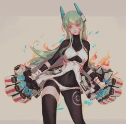 Rule 34 | 1girl, black thighhighs, bodysuit, borrowed character, gloves, green hair, headgear, highres, long hair, looking at viewer, menou kaname (taishi), original, red eyes, softmode, solo, thighhighs
