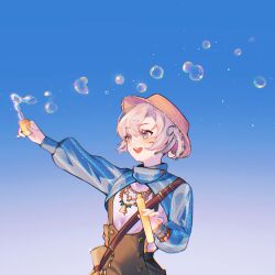 :d bag blue_background blue_eyes blue_shrug boater_hat bottle braid braided_hair_rings brown_hat bubble bubble_wand gradient_background grey_hair hair_rings hat highres holding holding_bottle holding_wand jewelry long_sleeves looking_to_the_side matilda_bouanich matilda_bouanich_(the_genius&#039;s_holiday) necklace official_alternate_costume open_mouth outstretched_arm overall_shorts overalls reverse:1999 shirt shoulder_bag shrug_(clothing) smile teeth upper_teeth_only wand white_shirt yangwu_uriel