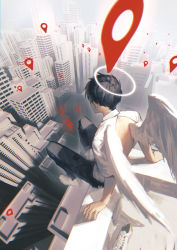 Rule 34 | 1boy, angel wings, arm support, black hair, black pants, building, city, collared shirt, commentary, day, english commentary, facing away, feathered wings, full body, google maps, halo, highres, ishida (segu ishida), male focus, on roof, original, outdoors, pants, shirt, shoes, short hair, short sleeves, sitting, sneakers, solo, white footwear, white shirt, wings