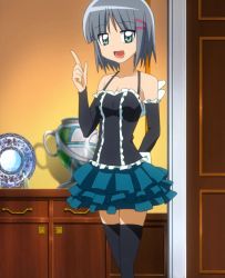 Rule 34 | 1girl, aizawa sakuya, arm behind back, bare shoulders, breasts, cleavage, female focus, frilled skirt, frills, green eyes, grey hair, hair ornament, hairclip, hayate no gotoku!, highres, indoors, open mouth, screencap, skirt, smile, solo, stitched, thighhighs, third-party edit