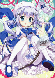 Rule 34 | 1girl, :o, absurdres, angora rabbit, animal, artist name, between legs, blue bow, blue bowtie, blue dress, blue eyes, blue footwear, blue gemstone, blue hair, blush, bow, bowtie, chestnut mouth, clothes pull, cup, dress, dress pull, fujima takuya, full body, gem, gloves, gochuumon wa usagi desu ka?, hair between eyes, hair ornament, hand between legs, highres, jewelry, kafuu chino, long hair, looking at viewer, magical girl, mary janes, matching hair/eyes, open mouth, pantyhose, puffy short sleeves, puffy sleeves, rabbit, saucer, shoes, short sleeves, simple background, sitting, sitting on head, sitting on person, solo, sparkle, tippy (gochiusa), tippy (gochuumon wa usagi desuka?), twintails, white gloves, white pantyhose, wild geese, x hair ornament