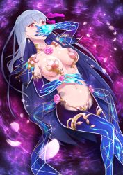Rule 34 | 1girl, arm up, blue globes, blue legwear, blush, breasts, collarbone, covering own mouth, earrings, elbow gloves, fate/grand order, fate (series), feet out of frame, flower, glint, gloves, hair ribbon, hand on own stomach, hand over own mouth, highres, jewelry, jilu, kama (fate), kama (third ascension) (fate), long hair, looking at viewer, lying, medium breasts, navel, on back, pasties, petals, pink flower, pink ribbon, red eyes, ribbon, shoulder pads, silver hair, sky, solo, star (sky), starry sky, stomach, straight hair, very long hair
