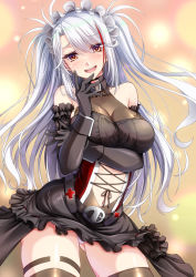 Rule 34 | 1girl, arm under breasts, azur lane, belt, black belt, black collar, black dress, black gloves, black thighhighs, blush, breasts, cleavage, collar, commentary, contrapposto, cowboy shot, cross-laced clothes, detached sleeves, dress, eyebrows hidden by hair, frilled dress, frills, furrowed brow, gekato, gloves, gluteal fold, grey hair, hair between eyes, highres, large breasts, long hair, looking at viewer, maid headdress, midriff, multicolored hair, navel, official alternate costume, open mouth, parted bangs, prinz eugen (azur lane), prinz eugen (kindred evening spirits) (azur lane), red eyes, red hair, smile, solo, standing, streaked hair, thigh strap, thighhighs, thighs, two-tone hair, two side up, yellow background