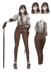 Rule 34 | 1girl, :|, alternate costume, belt, belt buckle, brown footwear, brown hair, brown pants, buckle, buttons, cane, character sheet, choker, closed mouth, commentary request, expressionless, expressions, fingerless gloves, full body, gloves, grey eyes, grey shirt, hand on own hip, high-waist pants, highres, jewelry, jun (navigavi), leather belt, legs apart, light frown, auyn awinaz (navigavi), looking at viewer, looking to the side, loose clothes, loose shirt, medium hair, multiple views, necklace, original, pants, sam browne belt, scabbard, sheath, sheathed, shirt, smile, standing, sword, tight clothes, tight pants, weapon, white background