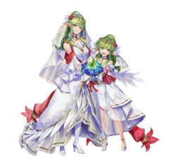 Rule 34 | 2girls, alternate costume, bare shoulders, blue flower, bouquet, breasts, bridal legwear, bridal veil, choker, dragonstone, dress, dual persona, feather-trimmed dress, feather trim, female focus, fire emblem, fire emblem: mystery of the emblem, fire emblem awakening, fire emblem heroes, flower, full body, green eyes, green hair, high heels, high ponytail, holding, holding bouquet, looking at viewer, matching hair/eyes, medium breasts, multiple girls, nintendo, official alternate costume, official art, open mouth, pointy ears, ponytail, red scarf, scarf, smile, standing, teeth, tiara, tiki (adult) (fire emblem), tiki (fire emblem), tiki (young) (fire emblem), veil, wedding dress, white background, white choker, white dress, white footwear
