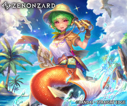 Rule 34 | 1girl, belt, belt buckle, bird, blue sky, breasts, brown belt, brown gloves, buckle, cleavage, cloud, commentary request, company name, copyright name, dagger, day, fins, full body, gloves, green hair, hashimoto hato, hat, head fins, holding, knife, lens flare, looking at viewer, medium breasts, mermaid, monster girl, navel, ocean, official art, open mouth, outdoors, palm tree, red eyes, seagull, shirt, short hair, sitting, sky, smile, solo, sparkle, sun hat, teeth, tree, water, weapon, zenonzard