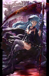 Rule 34 | 1girl, black dress, black footwear, black gloves, blue hair, boots, breasts, commentary request, corset, crossed legs, dress, frilled dress, frills, full body, gloves, holding, holding scythe, horns, jewelry, lace, lace-trimmed legwear, lace trim, long hair, looking at viewer, medium breasts, natsuya (kuttuki), necklace, open mouth, pillarboxed, scythe, smile, solo, strapless, strapless dress, thighhighs, venus blade, yellow eyes