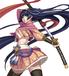 Rule 34 | 1girl, :o, ass, black thighhighs, blue eyes, blue hair, breasts, floral print, gonster, hair ornament, katana, large breasts, long hair, looking back, matching hair/eyes, midriff, no bra, open mouth, original, simple background, skirt, solo, sword, thighhighs, underboob, very long hair, weapon